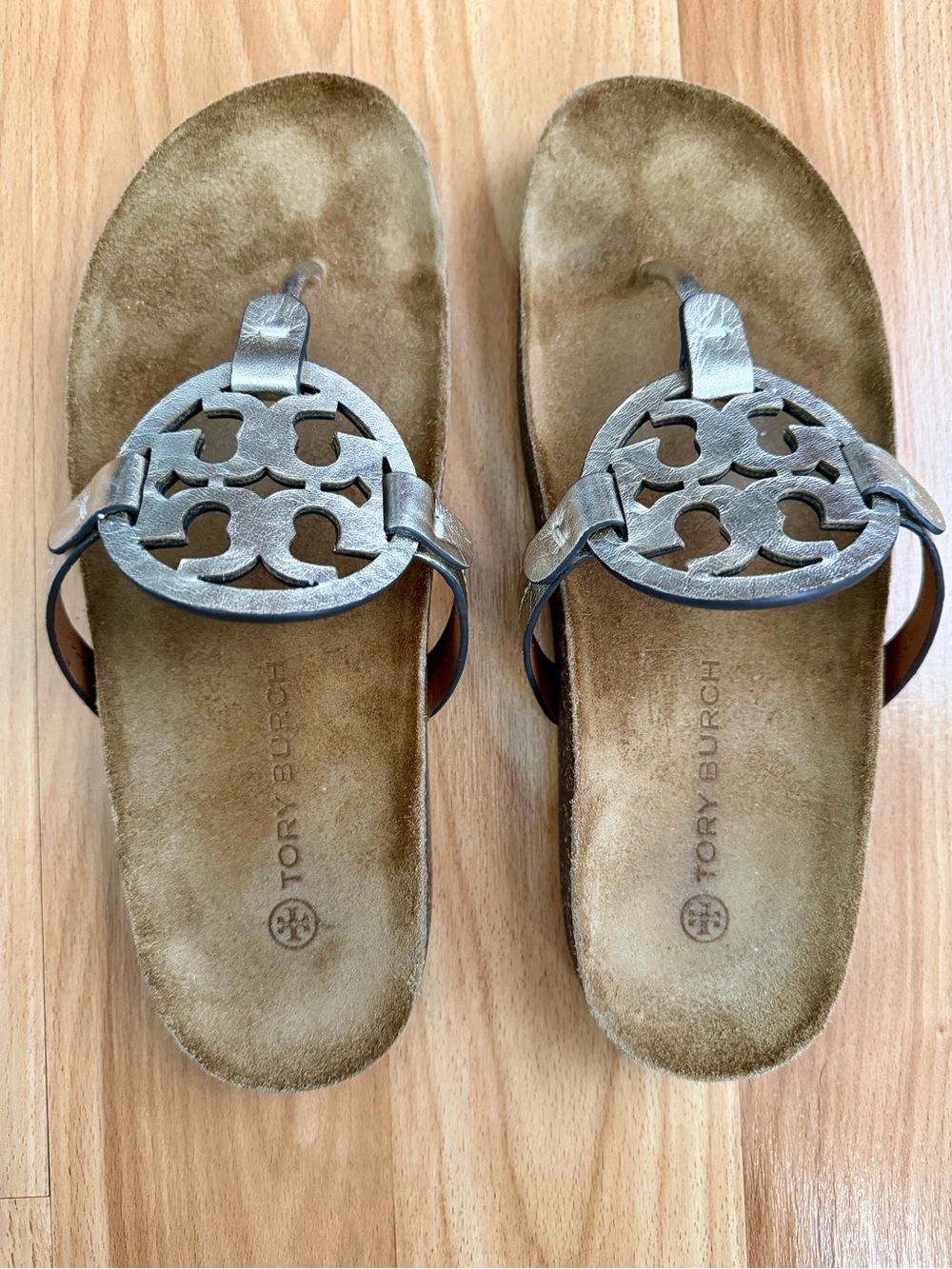 Tory Burch Metallic Silver Logo Thong Sandals